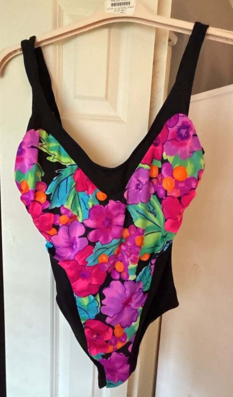 Vintage 1995 Slimsuit One-Piece Swimsuit Black Floral Neon High Leg